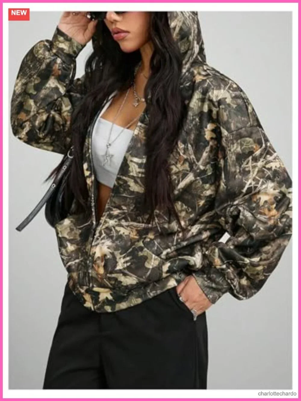 Oversized Zip Up Hoodie with Camo Print